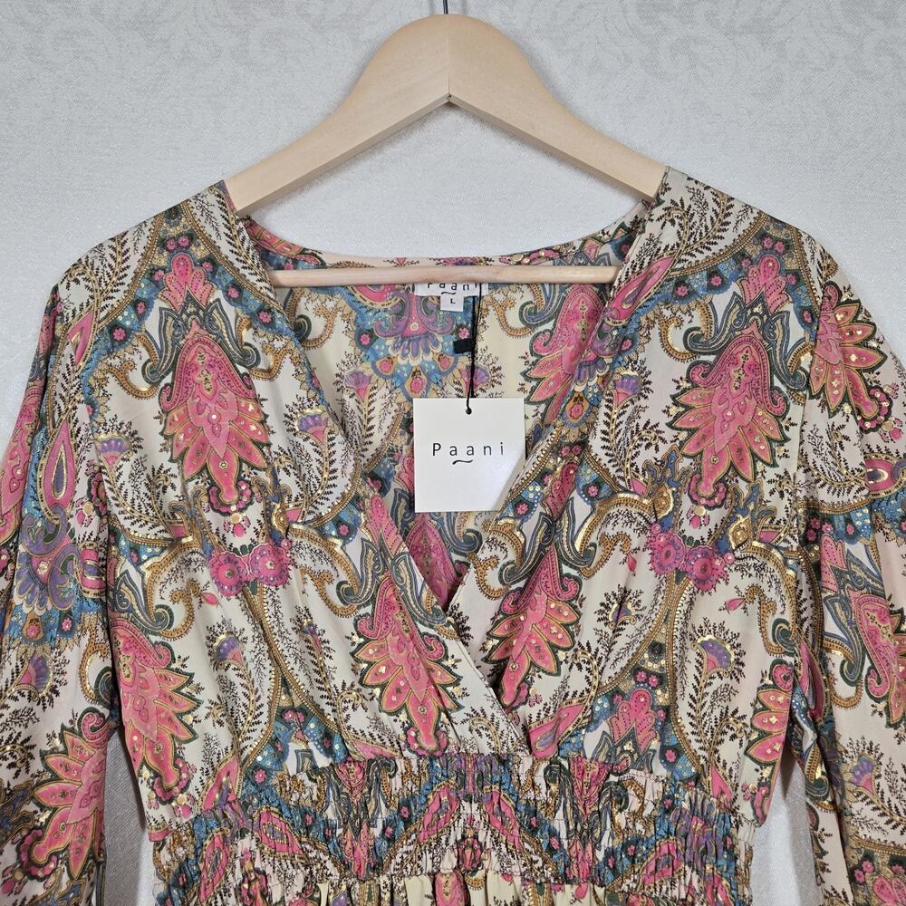 Paani Dress L Pink Paisley Smocked Bell Sleeve Boho Glam Ruffle - Picture 4 of 13
